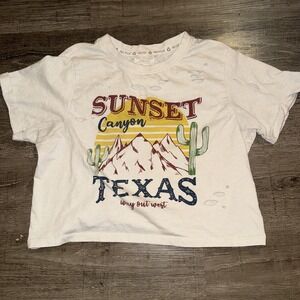 Recycled Threads Sunset Texas Graphic Tee Cropped T-shirt Distressed M Festival